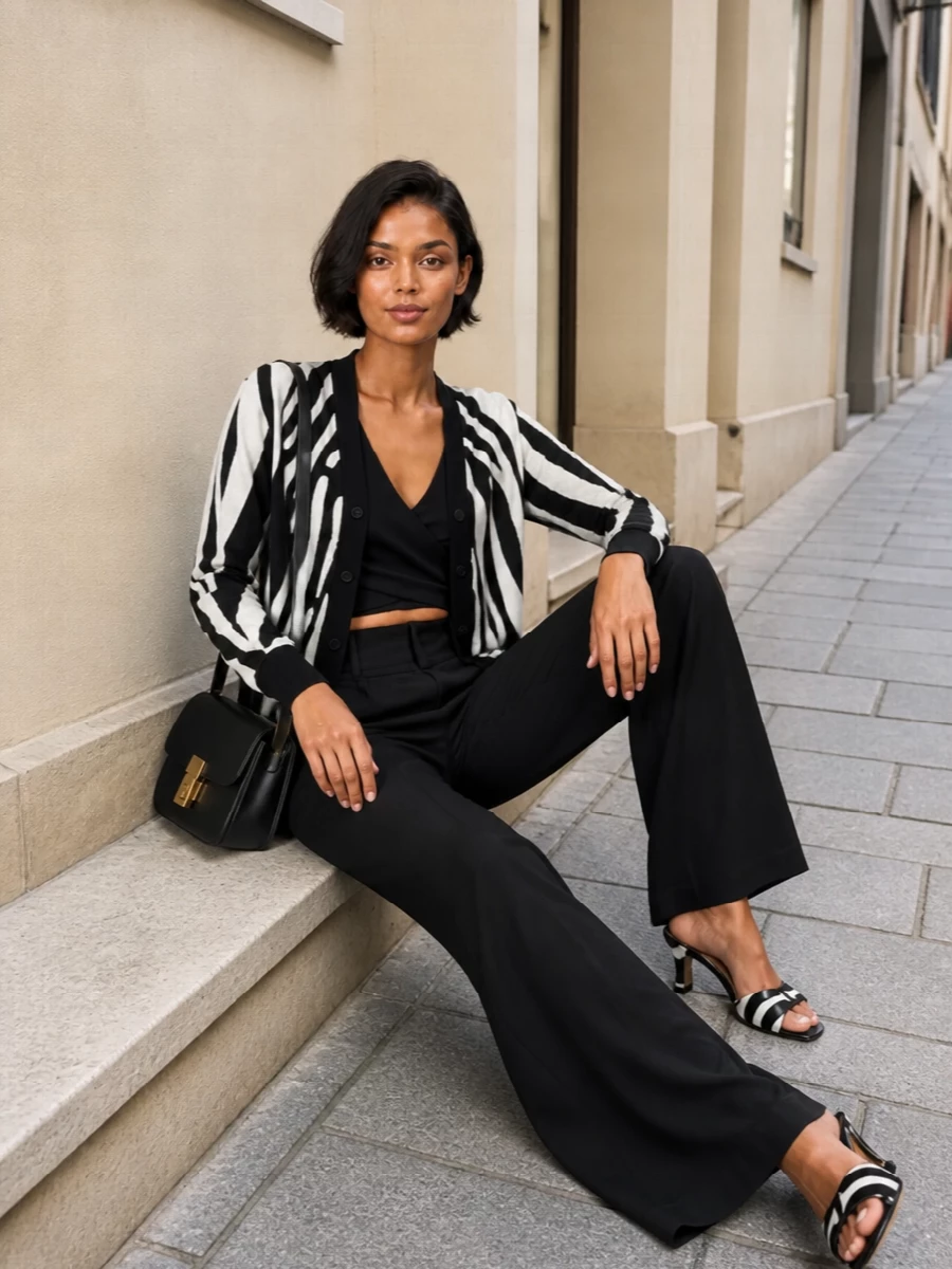 Ferragamo zebra cardigan wide leg trousers outfit