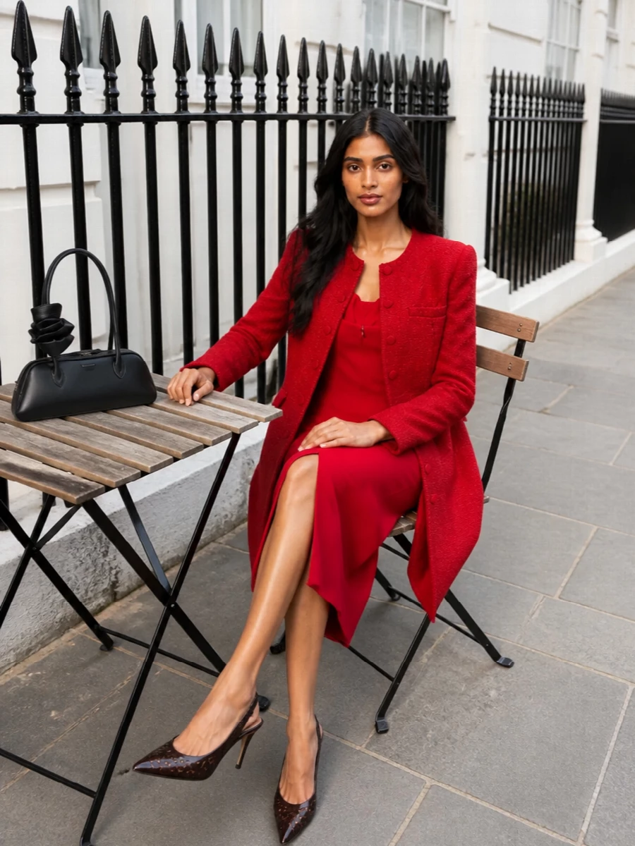 Magda butrym red coat crimson midi dress outfit