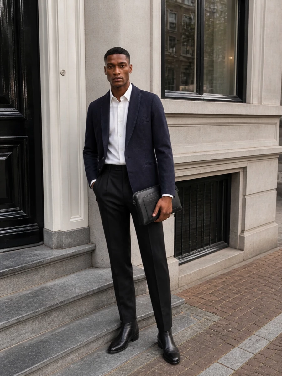 Maison margiela navy blazer black trousers outfit