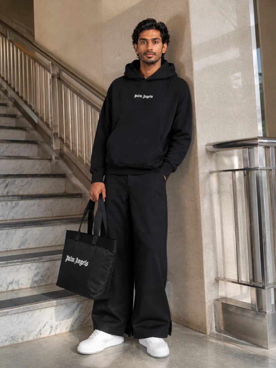 Palm angels black hoodie wide leg outfit