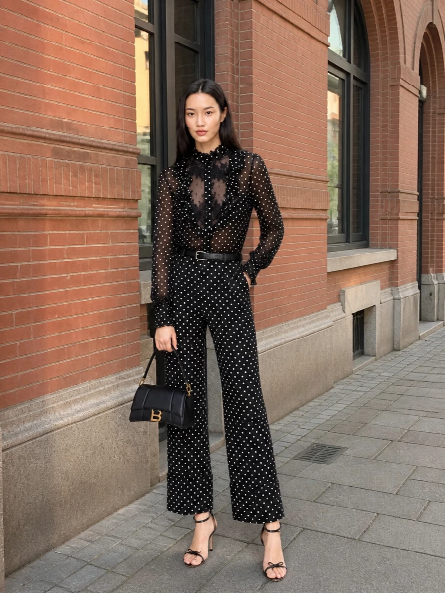 Valentino polka dot sheer top wide leg pants