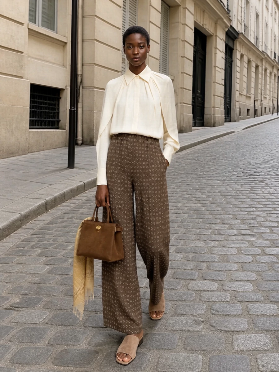 Relaxed olive-brown wide-leg trousers are balanced by a softly architectural ivory pleated blouse for a look that feels airy yet considered. Camel-taupe suede slides and a structured caramel top-handle bag pick up the trousers’ warmth, creating a tonal, SS-ready palette, while a gauzy butter-yellow check scarf adds a gentle layer of texture and light. The result is an understated, travel-ready city uniform that’s polished without ever feeling overworked.