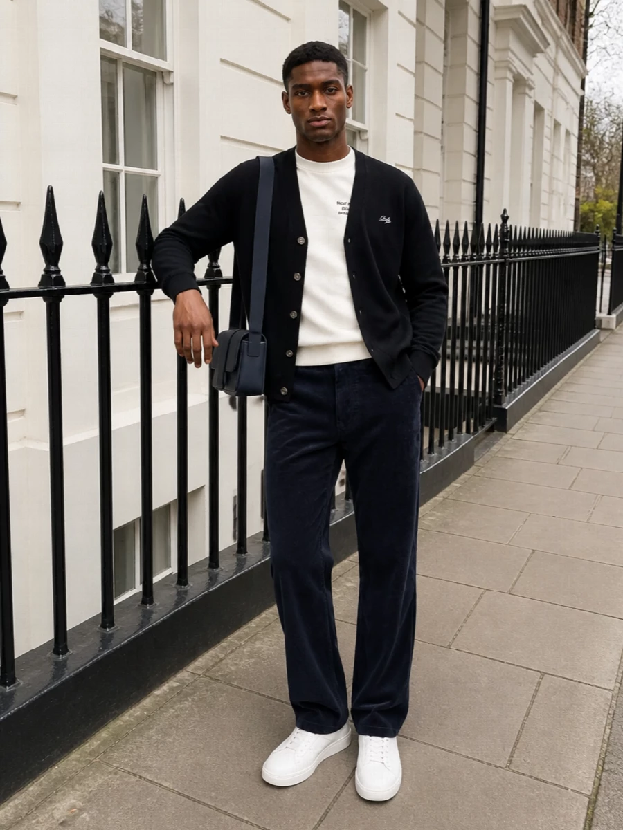 Drole de monsieur cardigan navy corduroy white sneakers