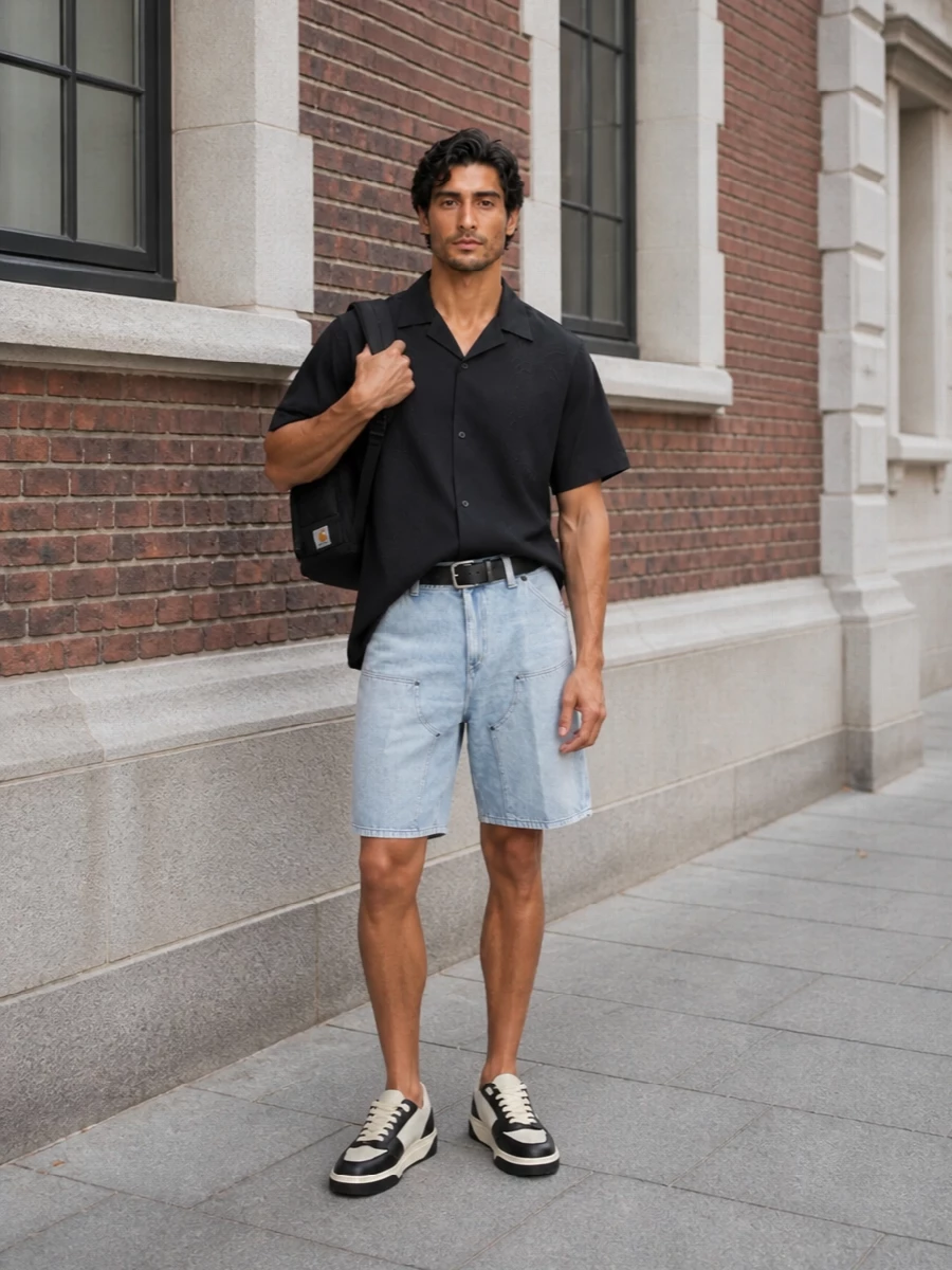 A black camp-collar work shirt tops high-rise light-wash carpenter shorts for a clean, relaxed streetwear uniform. Black and off-white sneakers echo the palette up top, while a black tactical backpack and low-key belt keep the vibe practical and grounded. The result is a balanced summer city outfit that feels intentional without trying too hard.