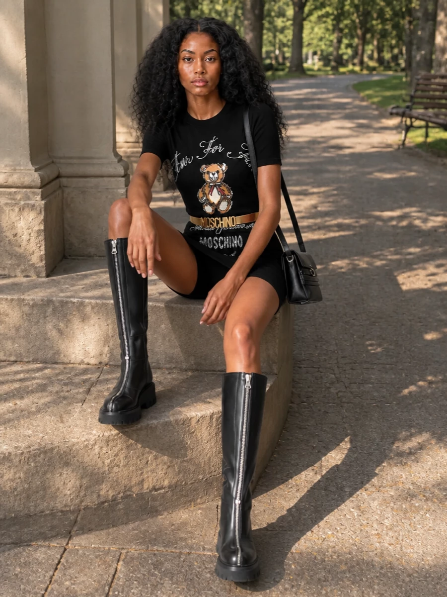 Moschino teddy mini dress knee boots outfit
