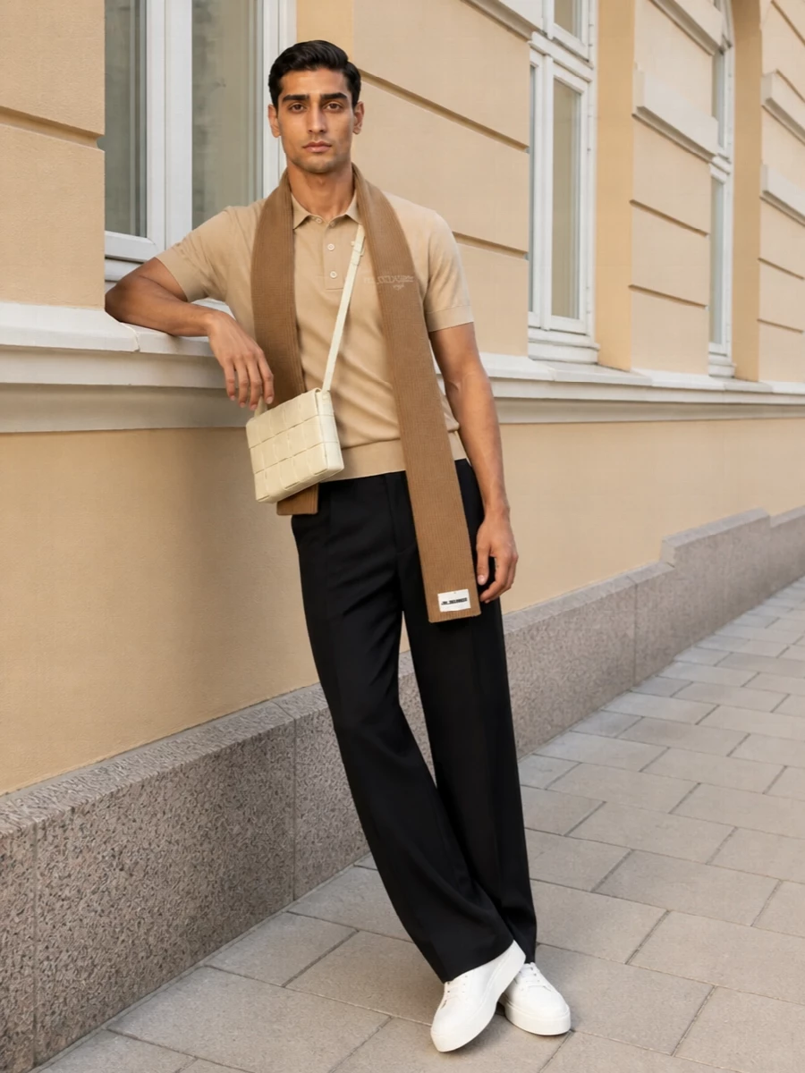 Balmain camel polo black tailored trousers outfit