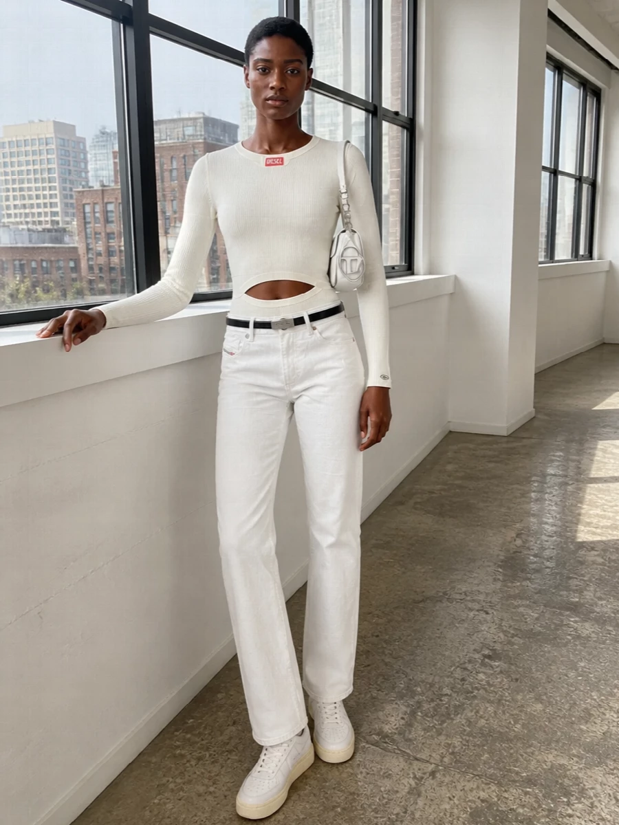 Diesel white jeans ivory rib top sneakers