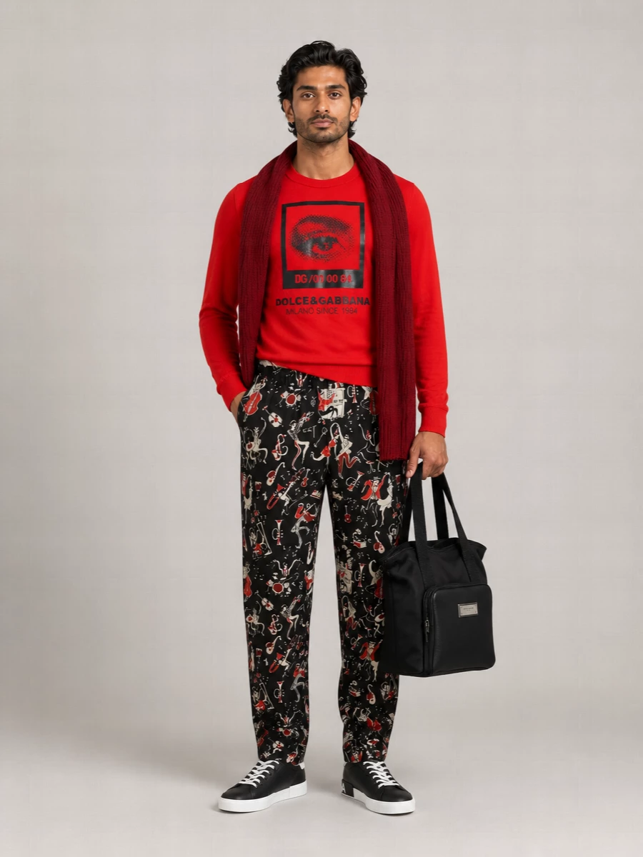 Dolce&Gabbana Merino Wool Graphic Print Crew Neck Long Sleeve Sweater