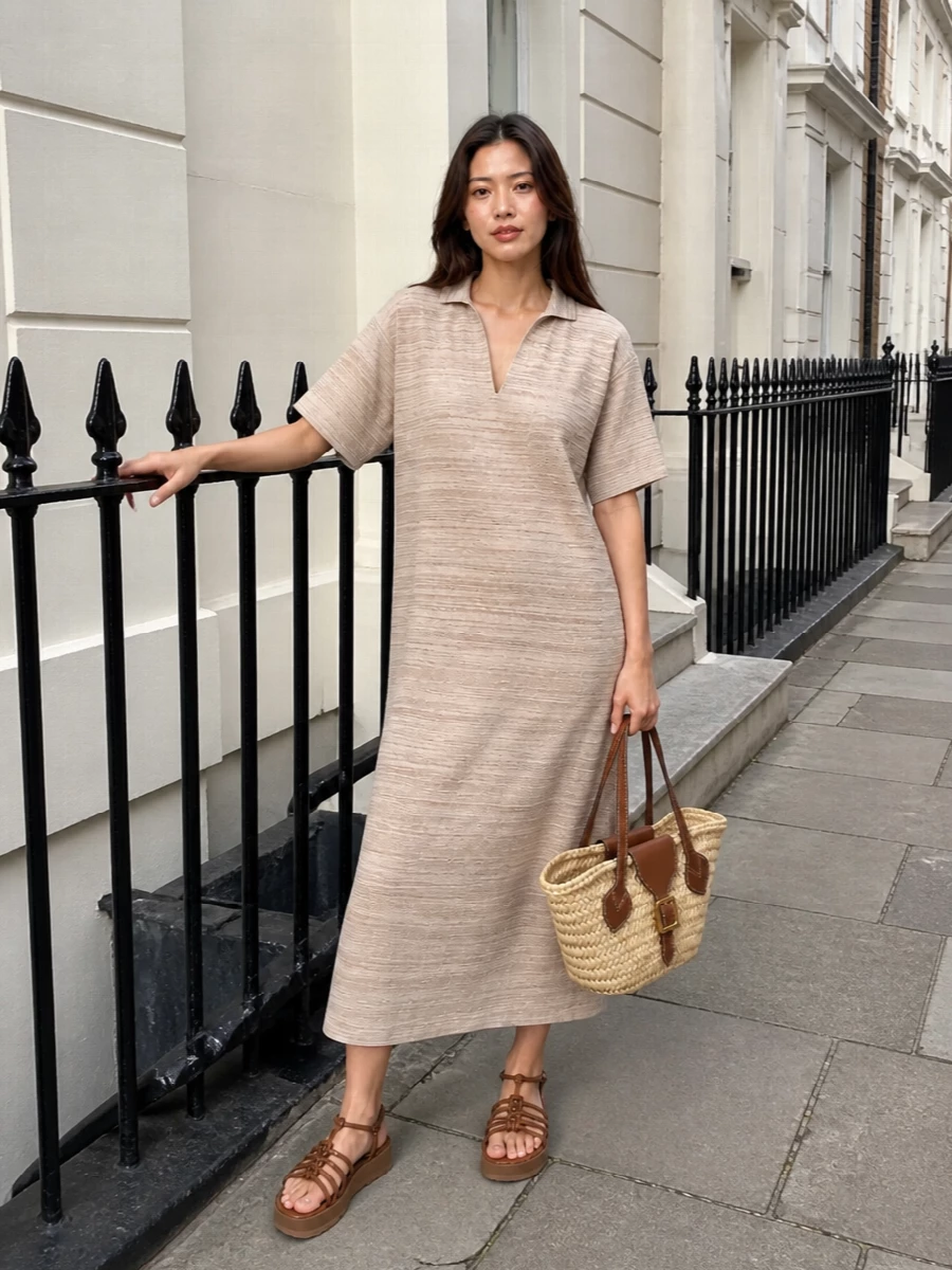A sand-toned Fabiana Filippi maxi and the structured J&M Davidson basket create an easy, tonal column that feels relaxed yet quietly refined. Tan platform sandals lengthen the line and keep the mood warm and polished. Choosing the dress route instead of separates lets the textures and neutrals speak softly together for city days and coastal weekends alike.