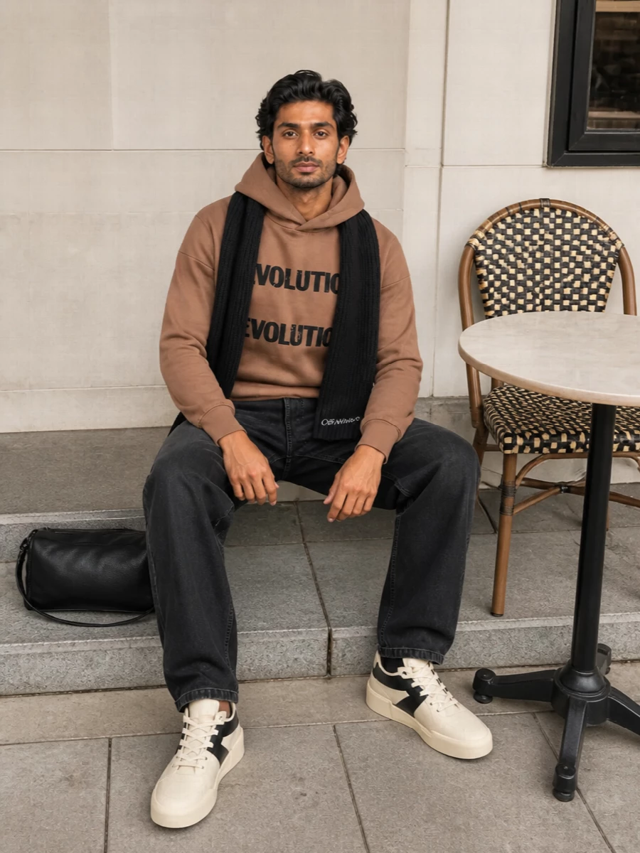 Fear of god camel hoodie washed black jeans