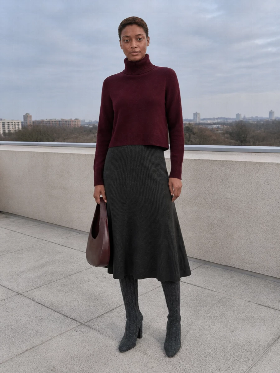 Vince merlot turtleneck charcoal knit midi outfit