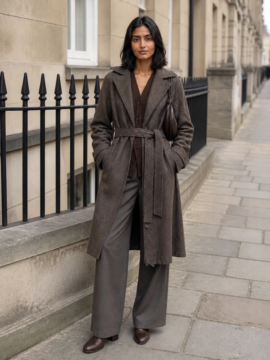 I am building around the coat with a classic Lemaire tailoring path, pairing knit and trouser rather than a dress so the belted outerwear remains the primary longline element. The asymmetric chocolate cardigan, taupe-charcoal wide leg and rounded brown ankle boots create a continuous, cocooned column in tonal browns and greys that feels intelligent and quietly composed. The small crescent bag tucks into that line without interrupting it, giving a complete city-ready ensemble that is warm, polished and unobtrusively luxurious for autumn and winter days.