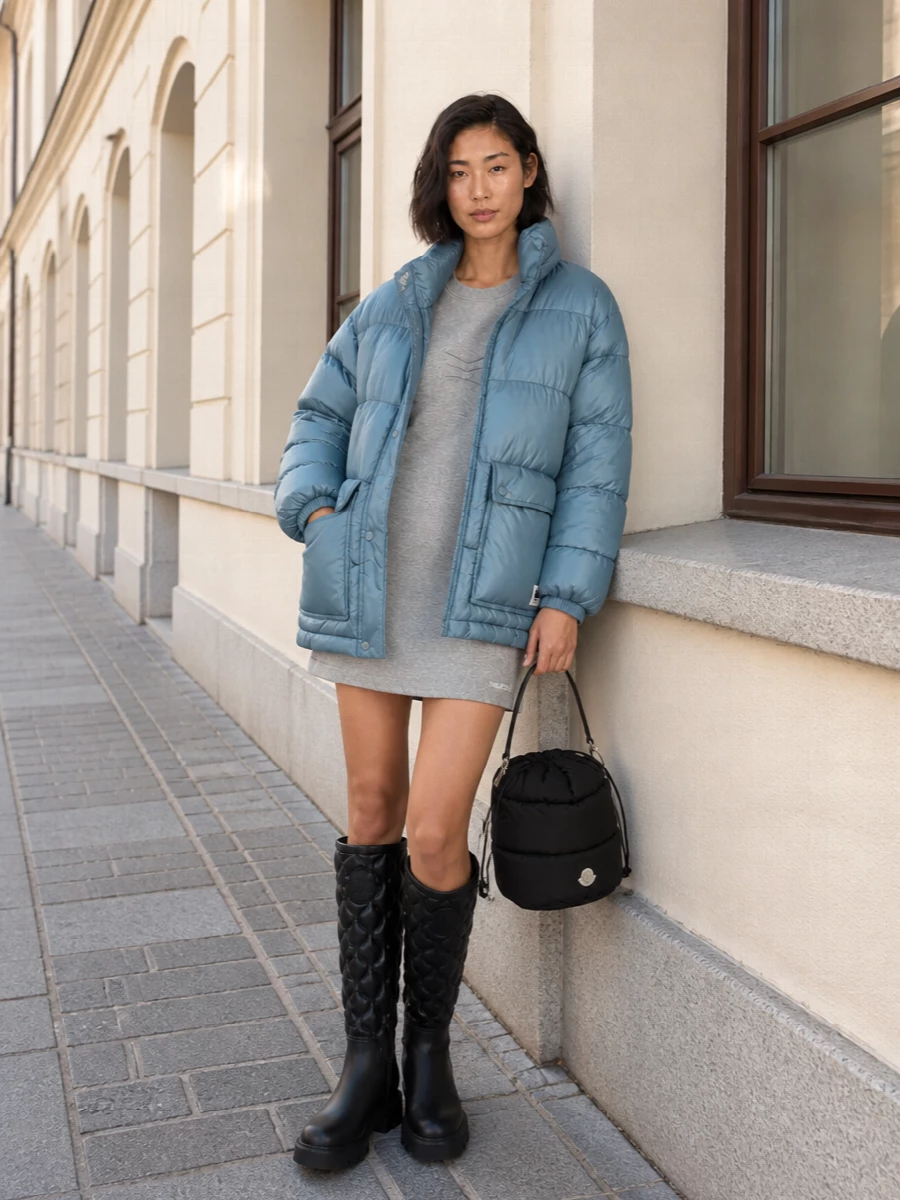 Going the dress route keeps the Carhartt puffer feeling modern and intentional rather than like one more layer on top of sweats. The Attico sweatshirt mini, Moncler quilted boots and padded bucket bag create a coherent street-meets-après silhouette, with the glossy black accents grounding the soft steel blue of the coat. It is an urban winter uniform that reads practical, directional and brand-consistent without tipping into full technical gear.
