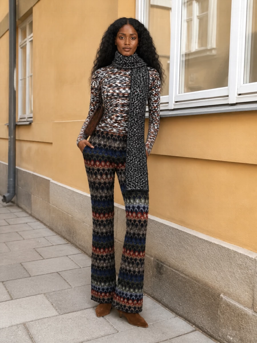 Missoni flared knit trousers slim sweater outfit