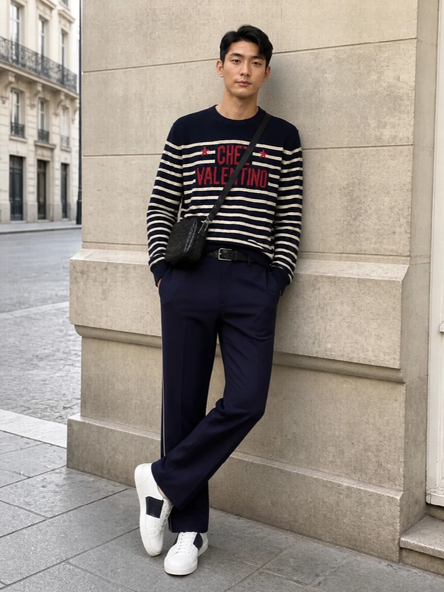 Valentino breton knit navy track pants outfit