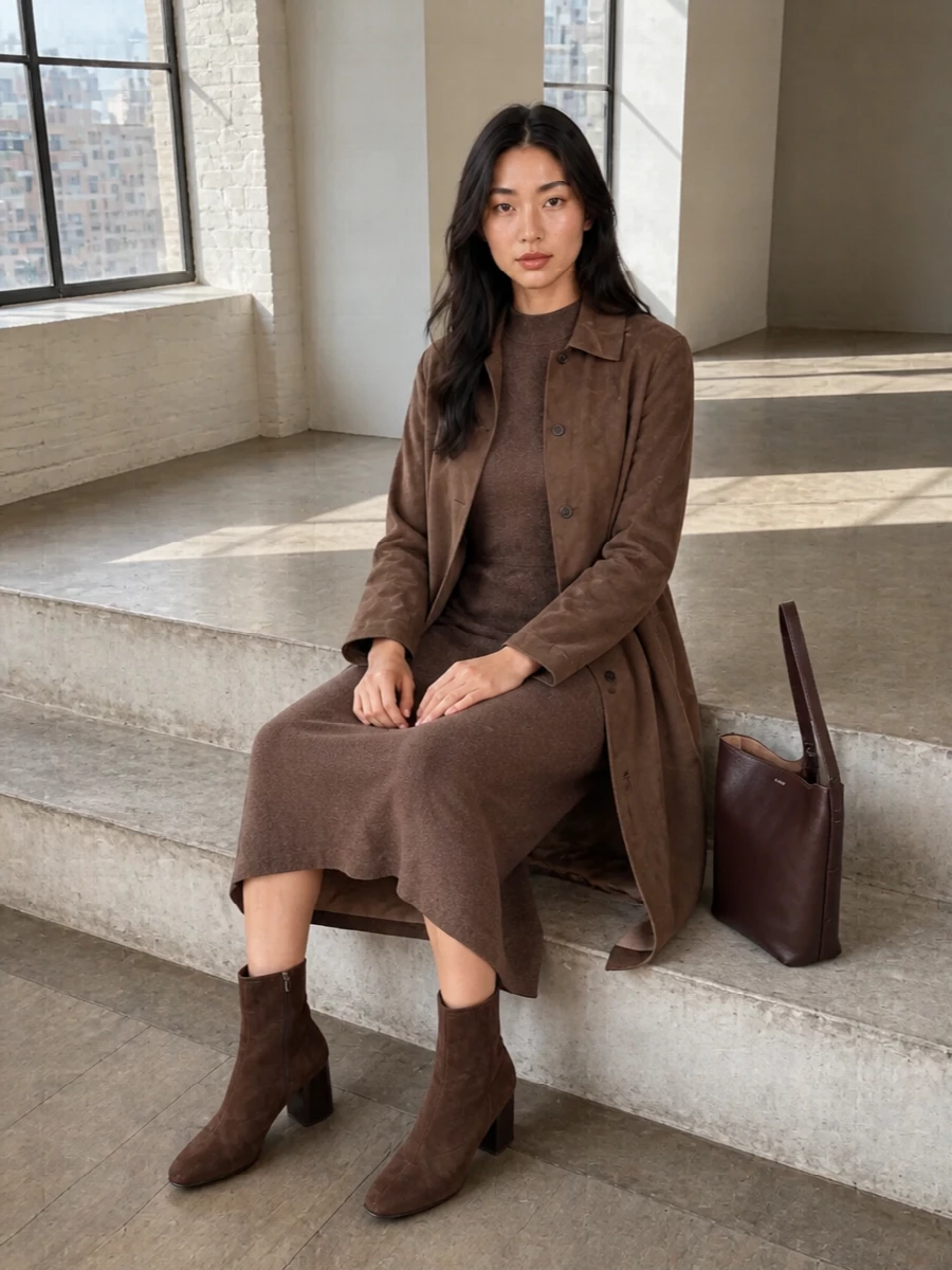 Max mara mocha coat midi dress outfit