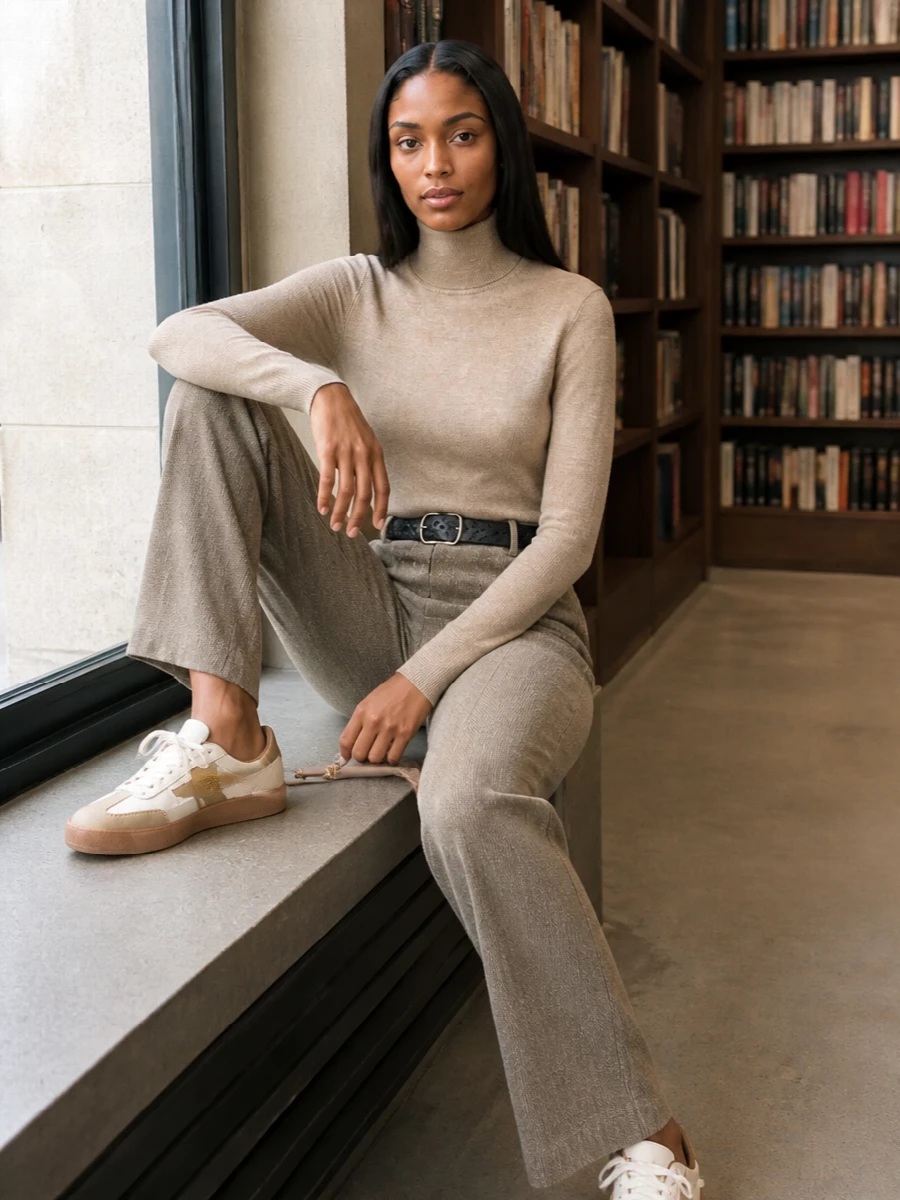 A warm camel knit tucked into the high-rise taupe trouser creates a long, clean line that feels composed without being stiff. Neutral sneakers keep it city-ready and relaxed while the structured taupe top-handle quietly sharpens the finish. The result is polished enough for meetings, easy enough for a full day on the move.