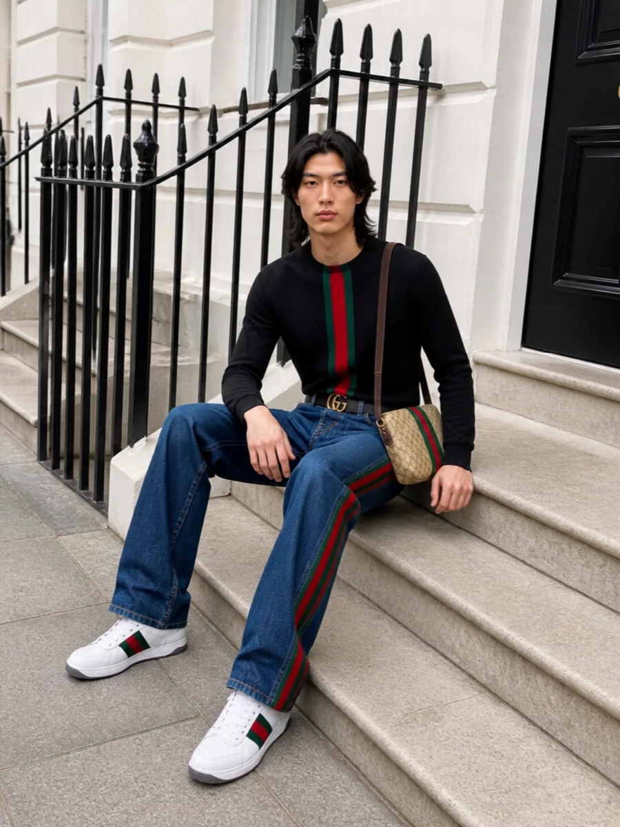 Gucci wide leg web jeans black knit sneakers