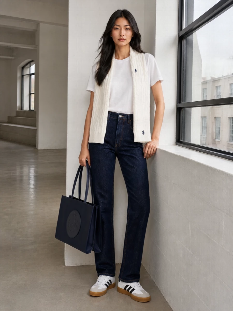 A crisp white tee meets dark indigo straight jeans for a clean, quietly preppy base. White-and-black gum-sole sneakers keep it relaxed but considered, while a structured navy tote and soft cable scarf tie the navy story together. It is an easy off-duty uniform that can move from campus to casual office without feeling overthought.