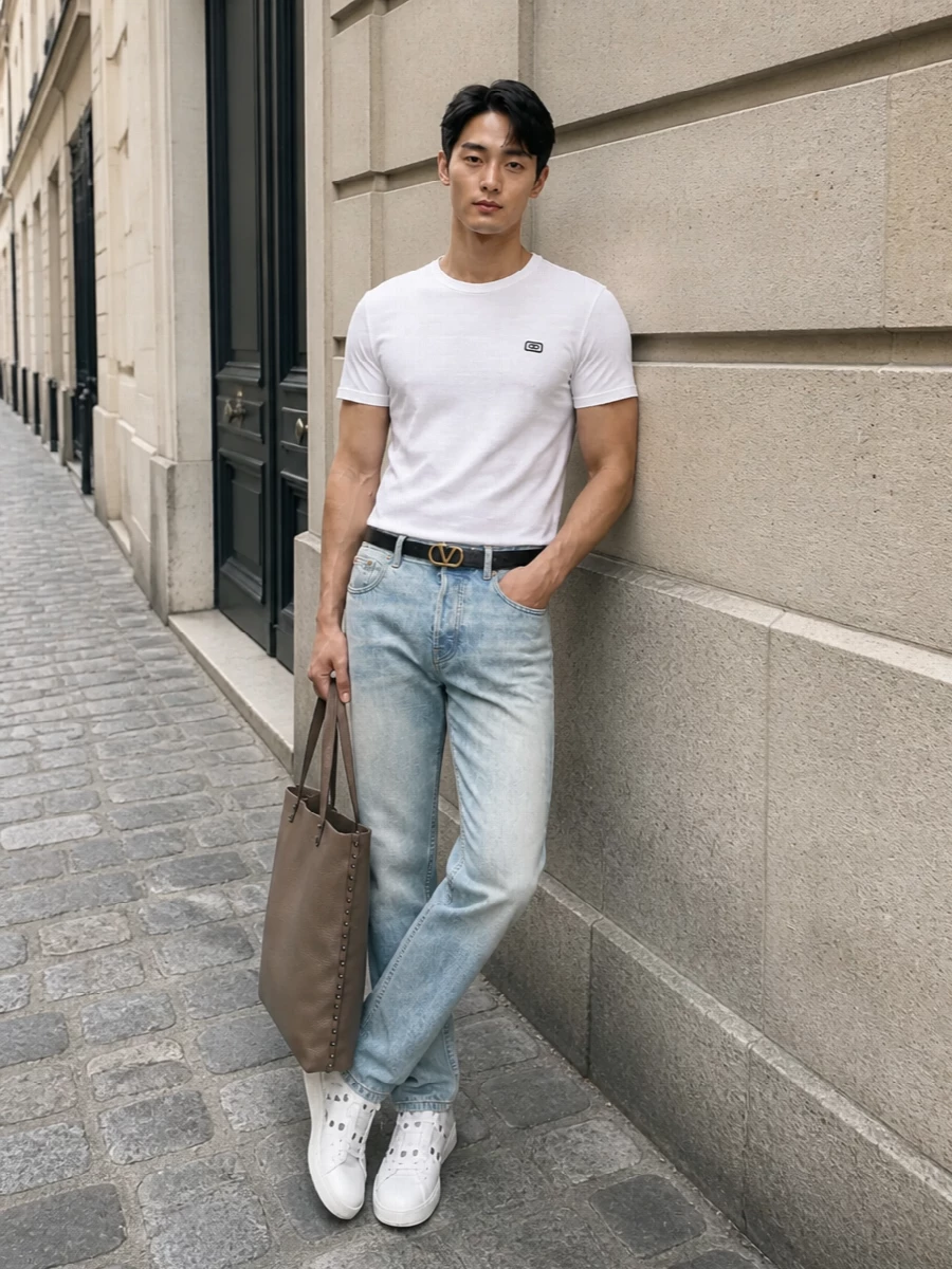 Valentino denim jeans white logo t shirt outfit