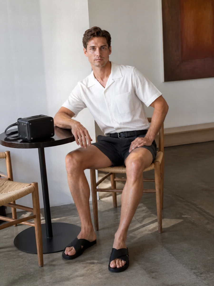 Prada resort swim shorts camp collar shirt outfit