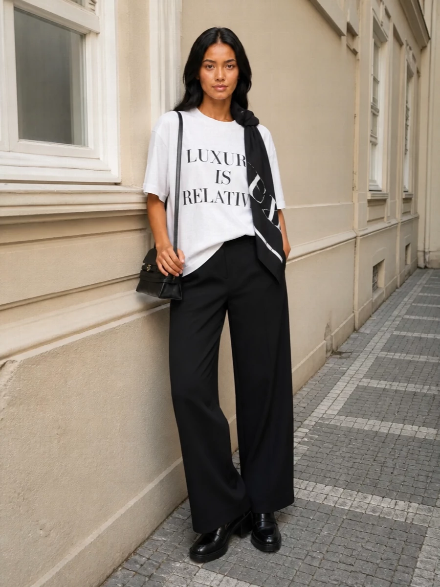 Moschino slogan tee black wide leg trousers