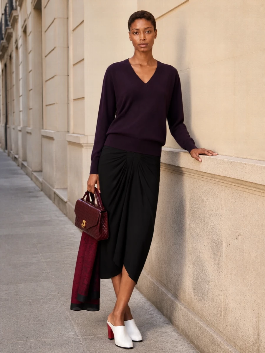 Dries van noten aubergine sweater black midi skirt