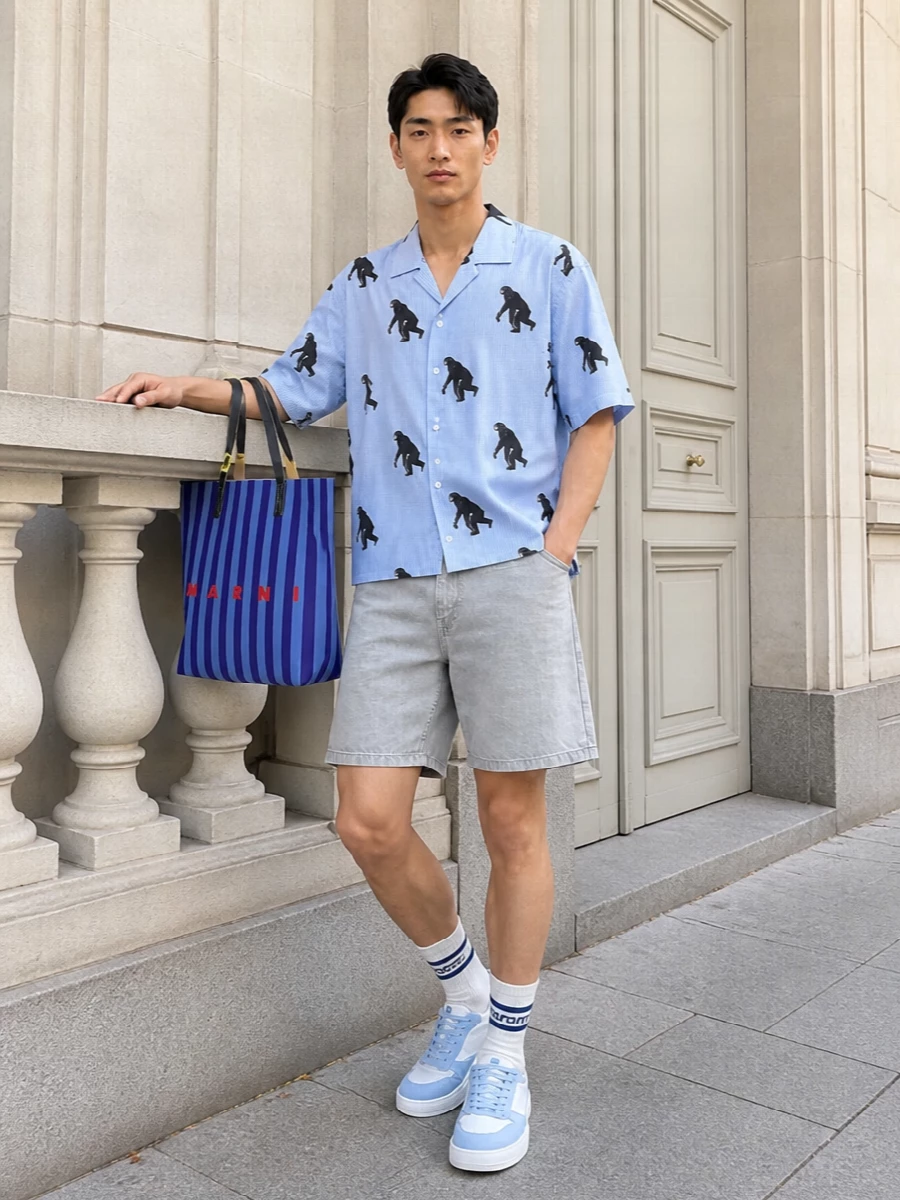 Graphic but not shouty, this pairing leans into soft blues and washed neutrals so the Moschino shirt feels witty rather than wild. Light-grey utility shorts and powder blue sneakers keep the silhouette relaxed and clean, while the striped tote and collegiate socks add just enough colour rhythm for city summer days. It is an easy off-duty mix that still reads sharp and intentional from brunch to gallery rounds.
