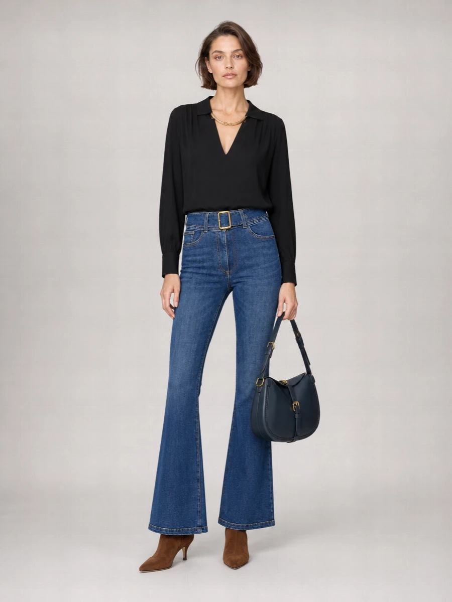 High-rise flared denim meets a fluid black blouse and slim chocolate belt for a polished, long-and-lean line. Chestnut knee boots ground the palette with warm sophistication, while the deep navy saddle bag keeps the mood quietly luxurious and city-ready. It is an easy go-to for smart lunches, gallery afternoons or relaxed dinners where you still want the waist defined and the proportions sharp.