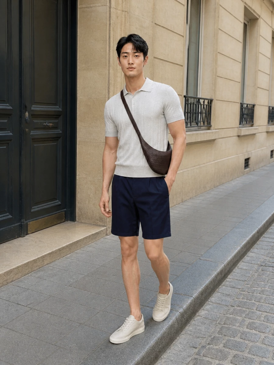 This look leans into a Riviera-preppy mood: the ivory ribbed-knit polo pairs with navy pleated tailored shorts for a clean, quietly luxurious summer silhouette. Off-white suede low-top sneakers keep the palette soft and relaxed, while the espresso intrecciato crossbody adds a subtle architectural counterpoint without disturbing the light, effortless ease of the ensemble.