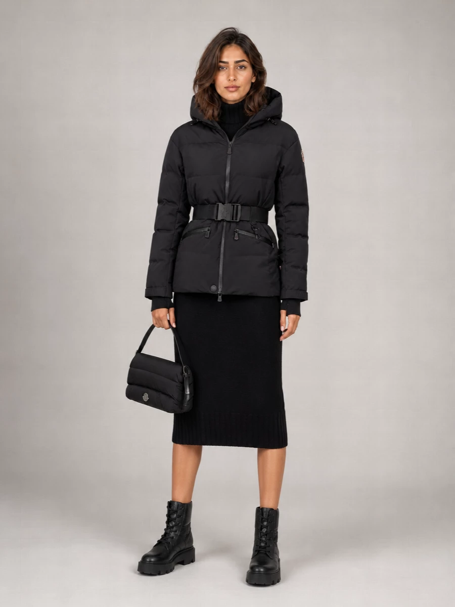 Moncler down hooded belted ski jacket