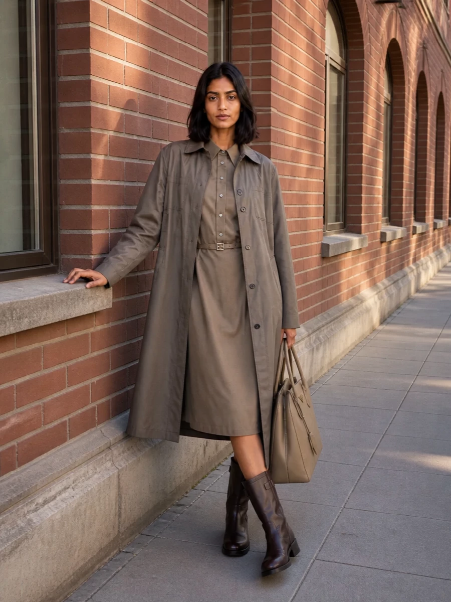 Here the coat sits over a single, sharp foundation rather than full tailoring: the taupe Fendi shirt dress keeps the line clean and the focus on that elongated, technical column. Deep brown boots anchor the neutrals with a grounded, utilitarian edge, while the structured taupe tote reinforces the quiet, boardroom-ready mood. It is a precise, urban uniform that reads composed from morning meetings through late dinners.
