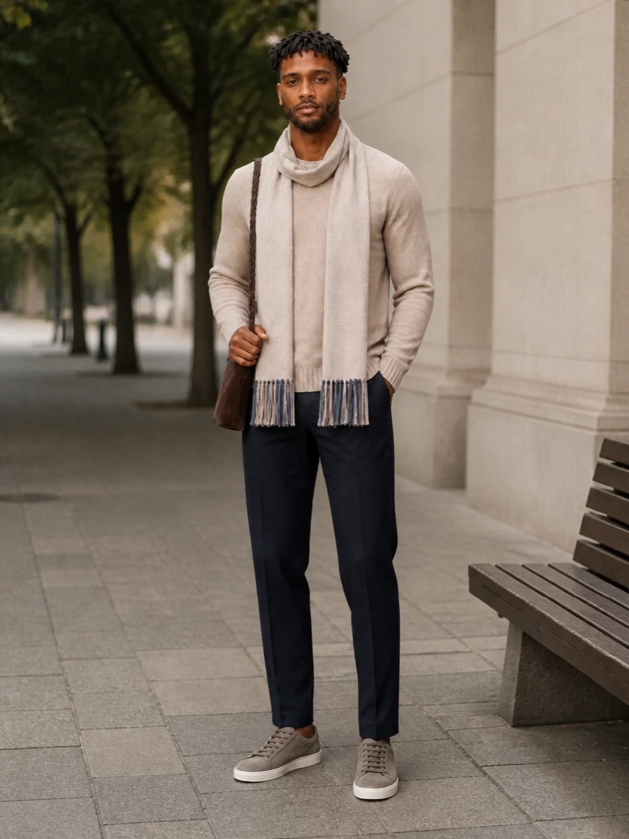 Drumohr beige sweater navy trousers tods sneakers