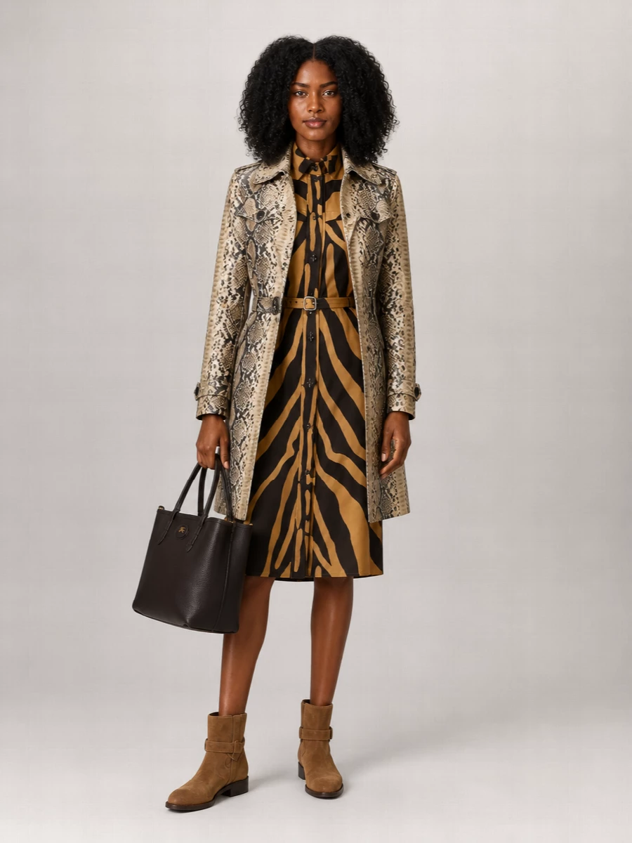 Burberry Python Print Cotton Belted Coat