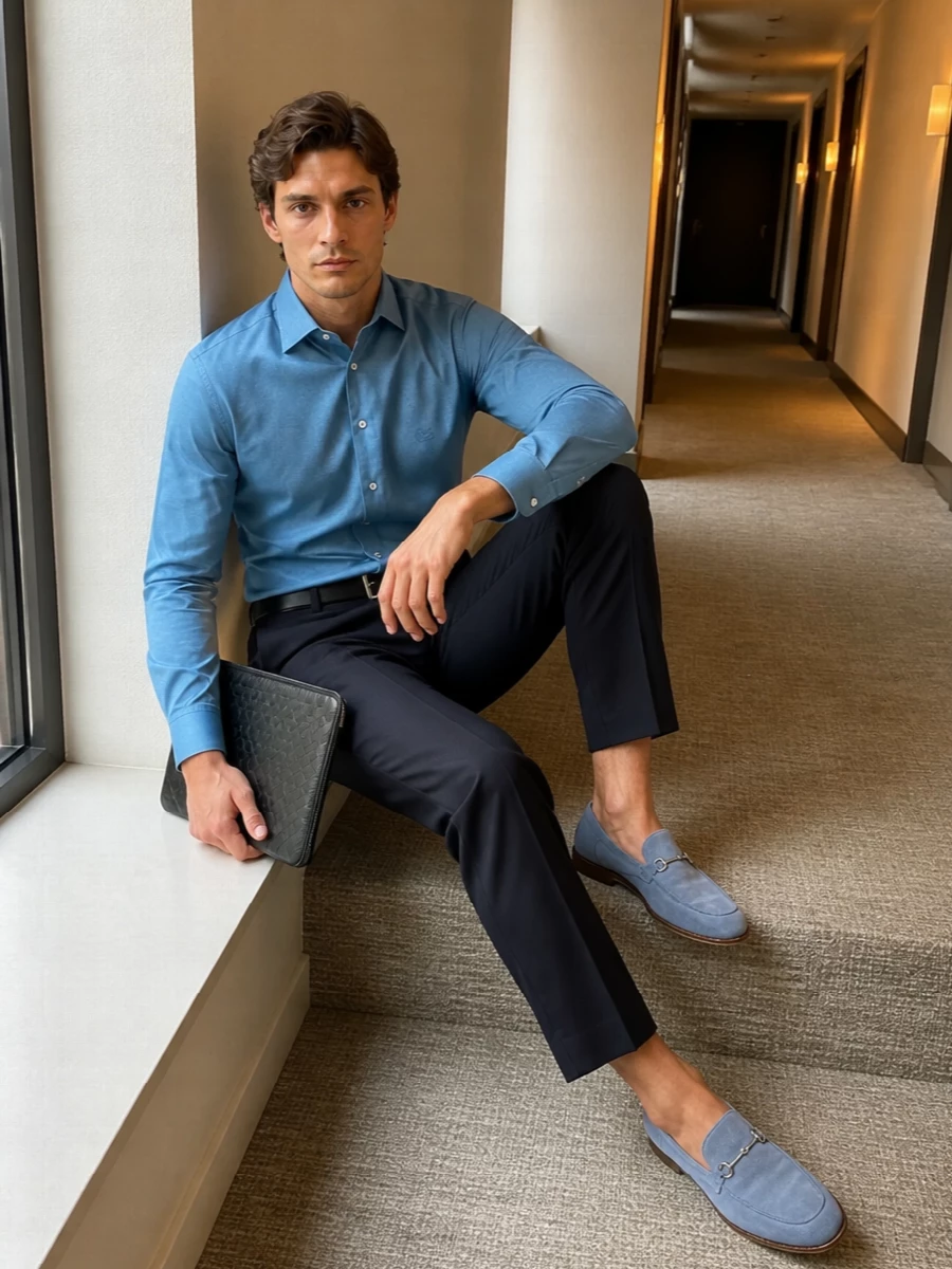 Etro blue shirt navy trousers gucci loafers