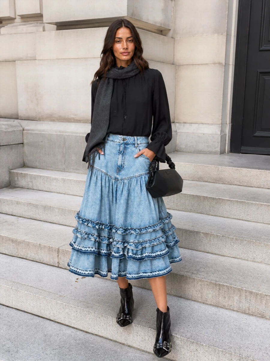 Ganni denim ruffle skirt black blouse boots