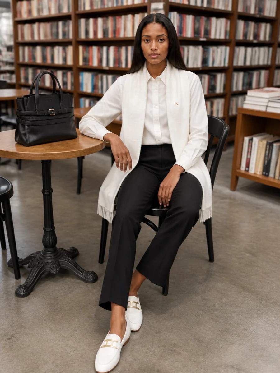 Moschino ivory shirt black tailored trousers outfit