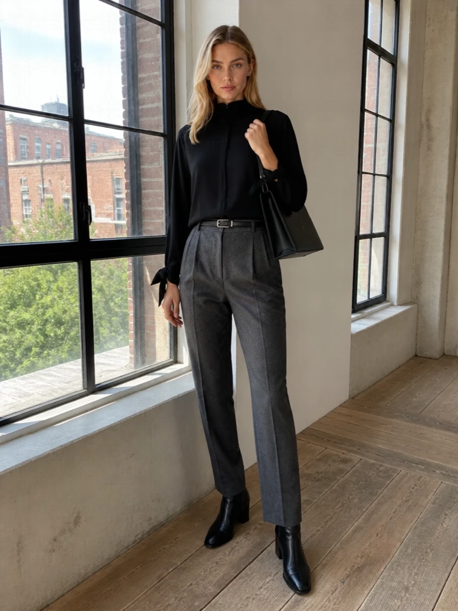 Emporio armani black blouse charcoal trousers outfit