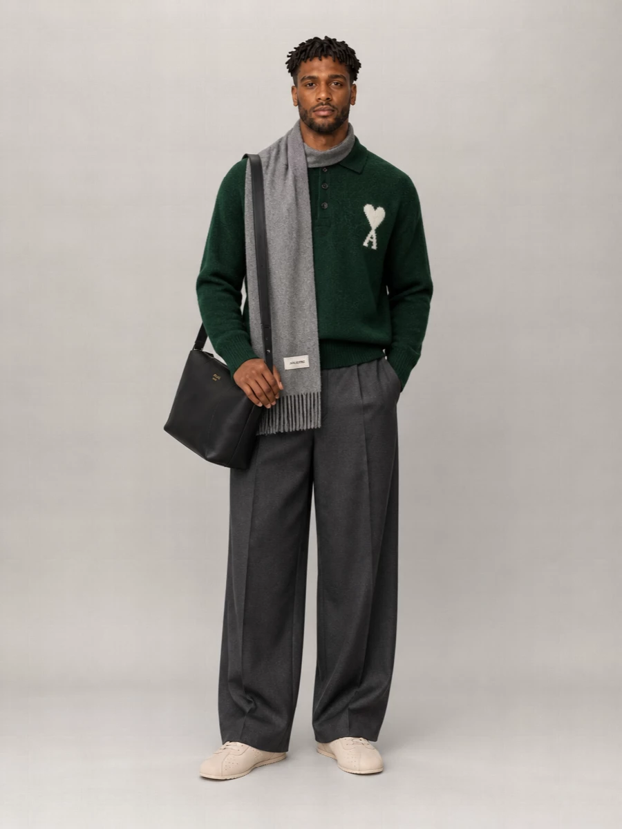 Ami Paris Alpaca Wool Ribbed Long-Sleeve Polo Sweater