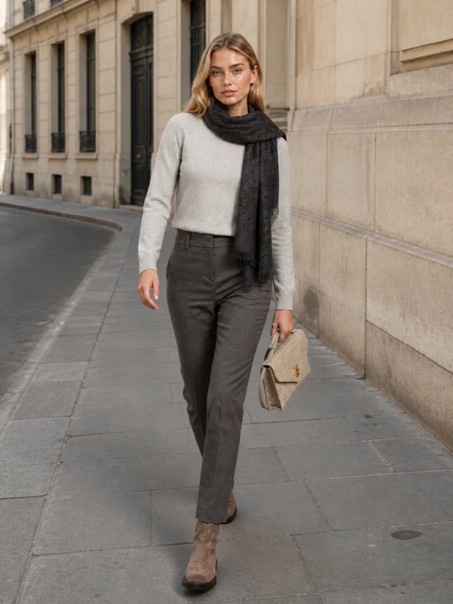 This look pairs the heathered Brunello Cucinelli crew with sharp high-waisted charcoal trousers for a quietly tailored, day-to-dinner uniform. Taupe suede ankle boots and a compact stone intrecciato bag keep the palette soft and tonal, while the charcoal scarf adds a discreet layer of texture and warmth without breaking the minimalist line.