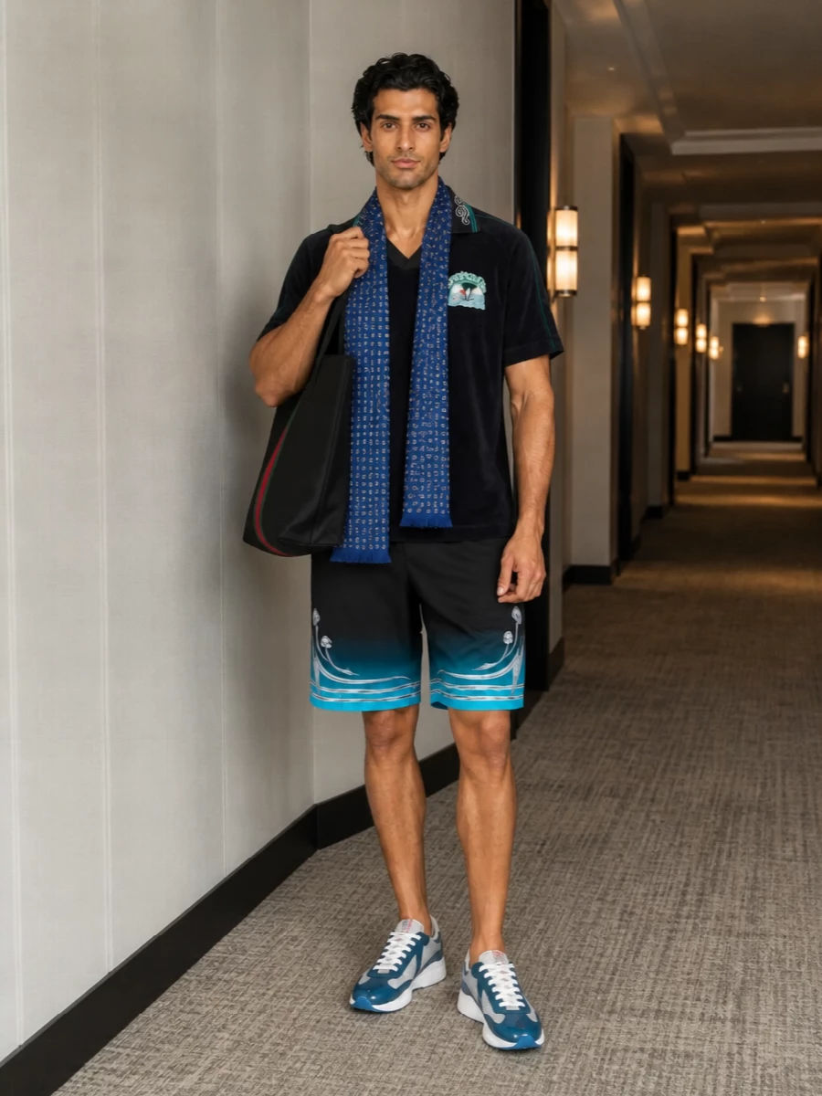 Casablanca terry shirt teal shorts prada sneakers