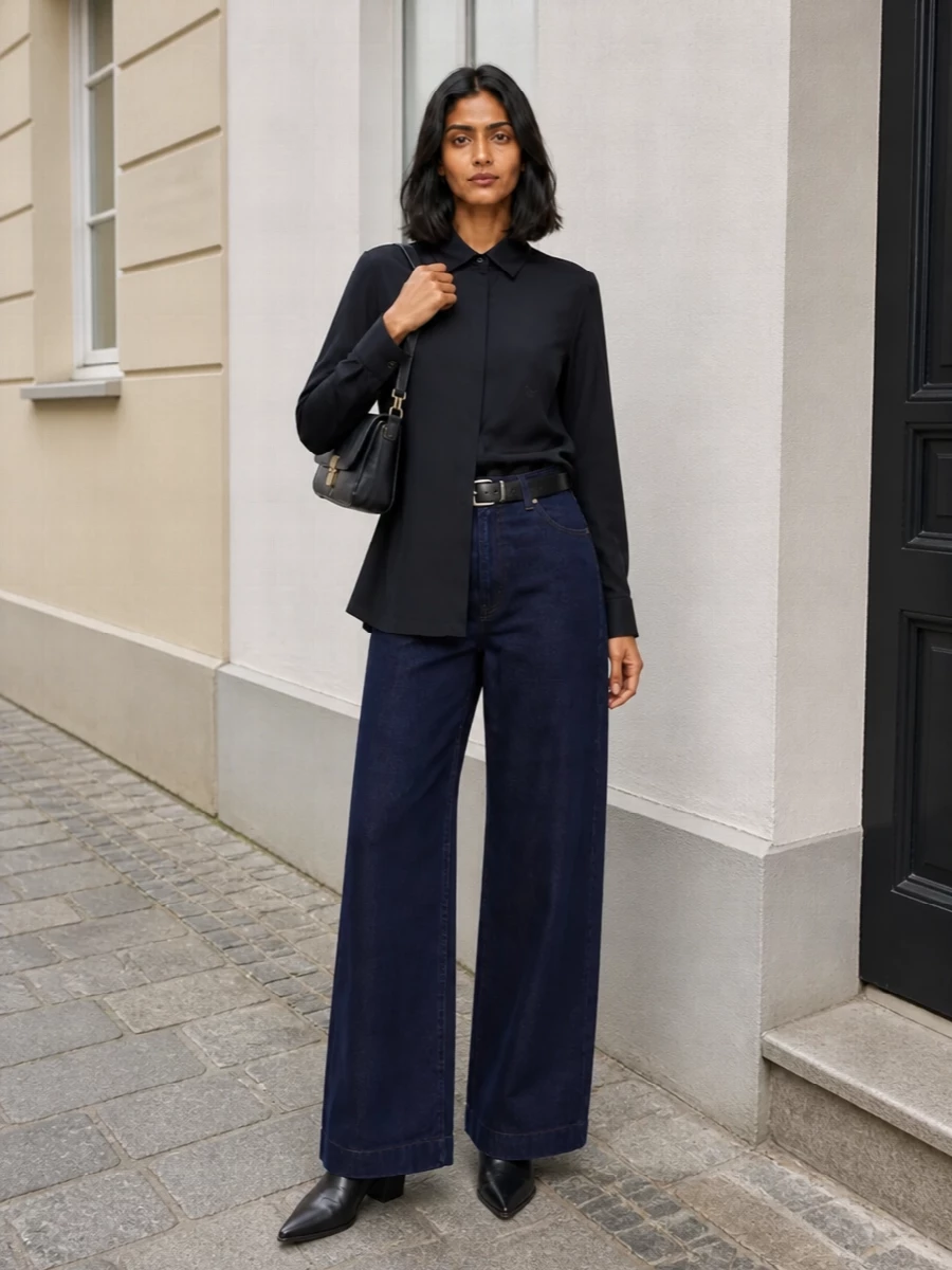 Max mara navy shirt wide leg 7 for all mankind jeans