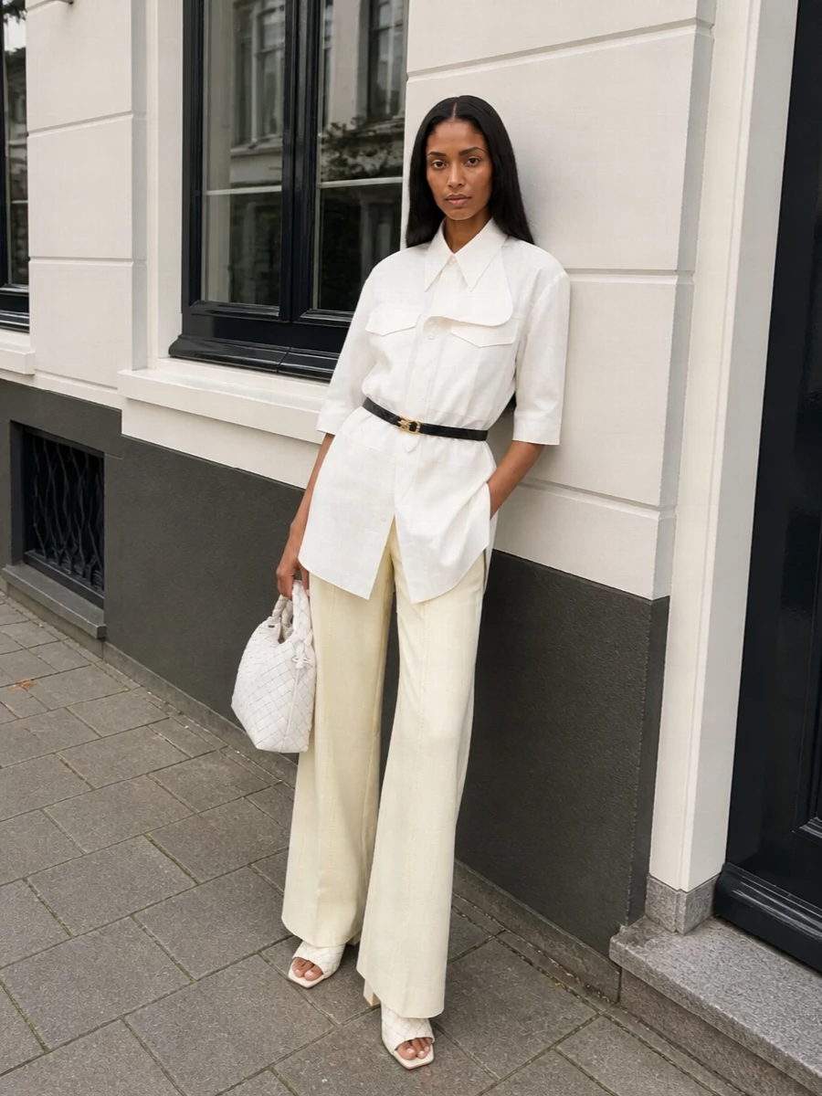 Bottega veneta ivory shirt wide leg trouser outfit