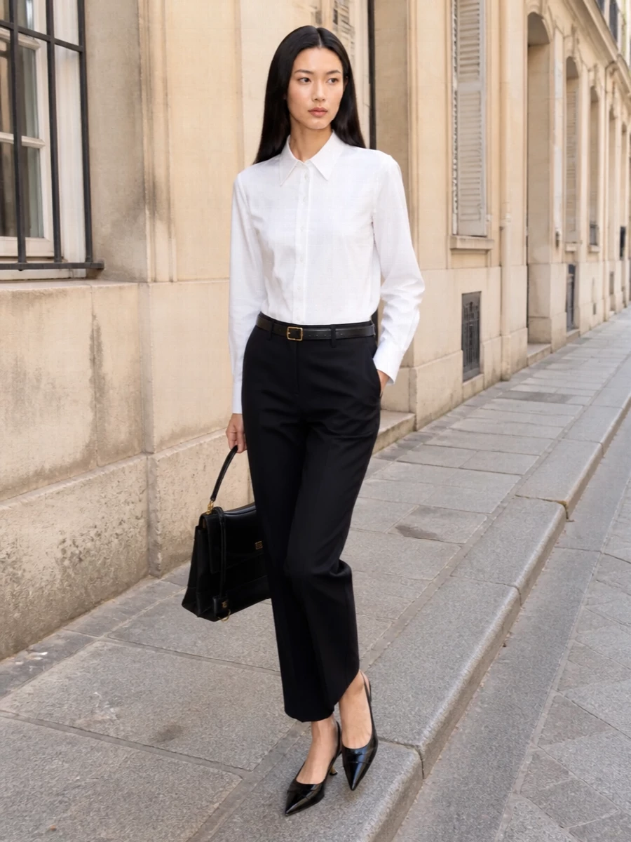 Thom browne navy trousers white shirt outfit