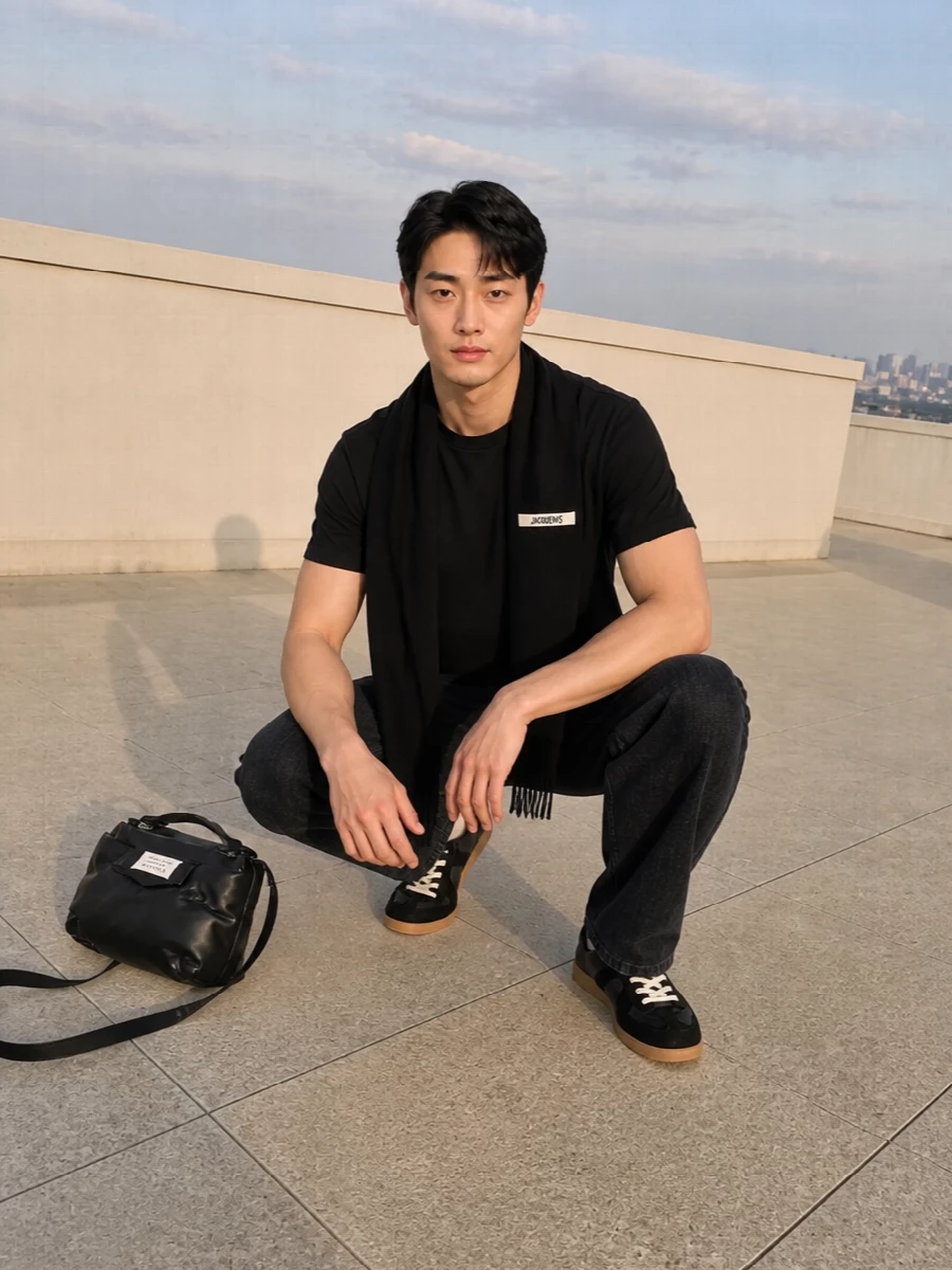 A black Jacquemus logo tee sits against washed‑black denim for a tonal base that feels precise rather than flat. Margiela sneakers and a compact padded bag keep the attitude low key but considered, all in deep neutrals. It is an easy city uniform that reads minimalist and quietly expensive from day to night.