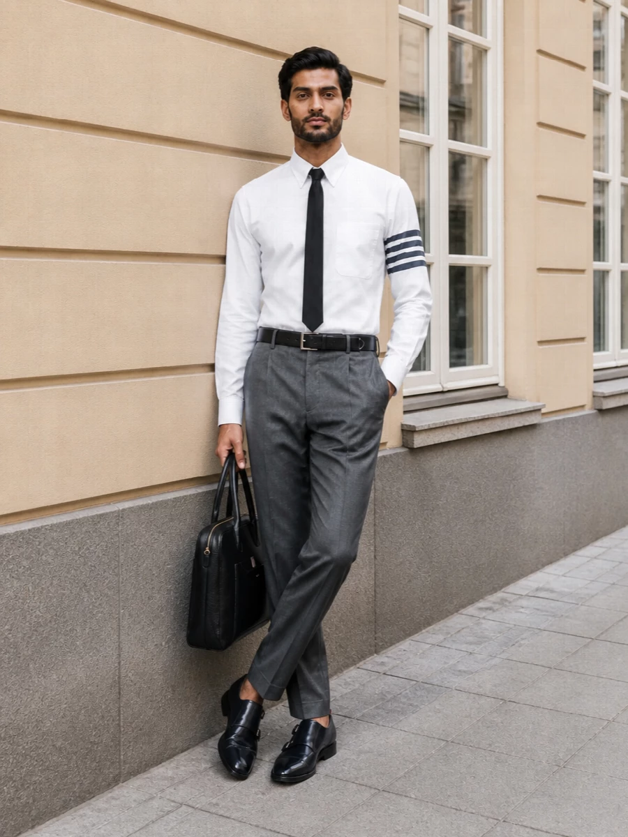 Thom browne striped shirt charcoal trousers outfit