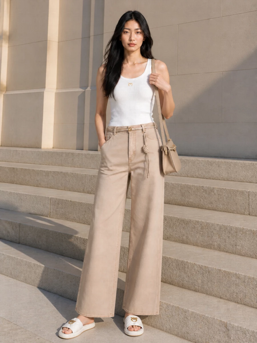 Pinko white tank beige wide leg trousers outfit