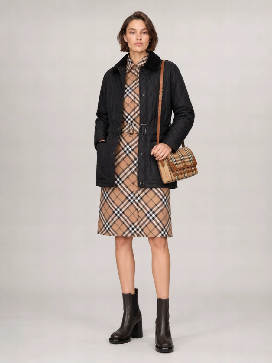 Burberry Quilted Jacket Belted Waist Corduroy Collar