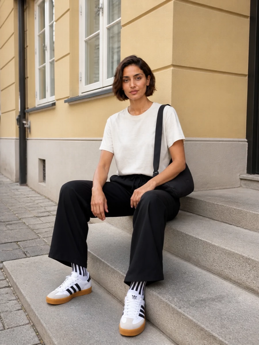 A soft white Y-3 tee and draped black track pant create a clean, monochrome base with an easy, athletic slouch. Classic white-and-gum Adidas sneakers and a black Y-3 shoulder bag keep the mood grounded and graphic, while striped socks add a quiet logo detail that rewards a closer look. The result is a streamlined sport set that feels precise enough for the city but relaxed enough for travel days and off-duty hours.