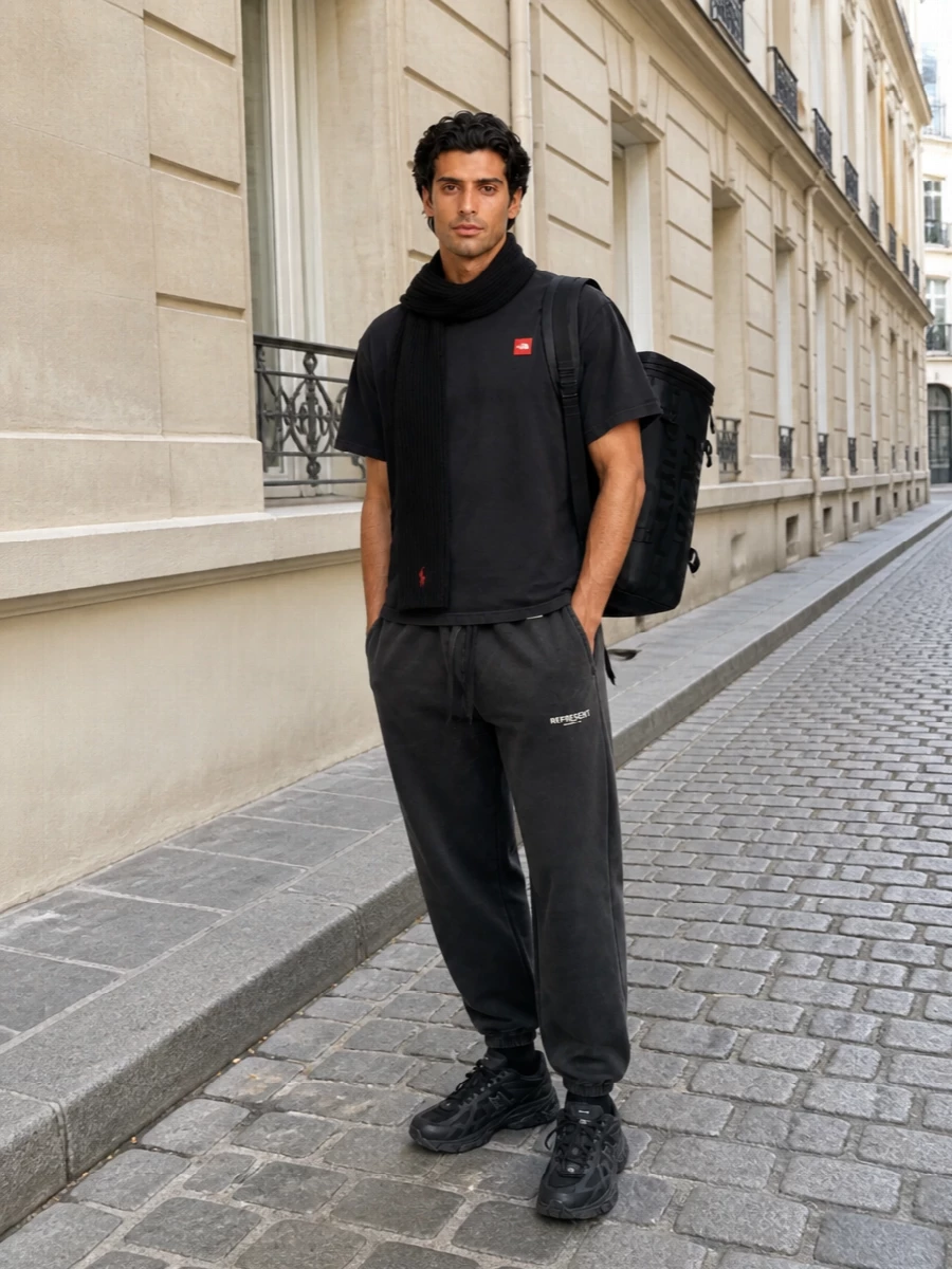A washed black North Face tee meets charcoal Represent joggers for a low-key, monochrome street-sport uniform that feels considered but easy. Black technical New Balance runners keep it agile and grounded for city miles, while a structured North Face backpack and a slim black scarf with a red logo hit pull the whole palette into one tight, functional story.